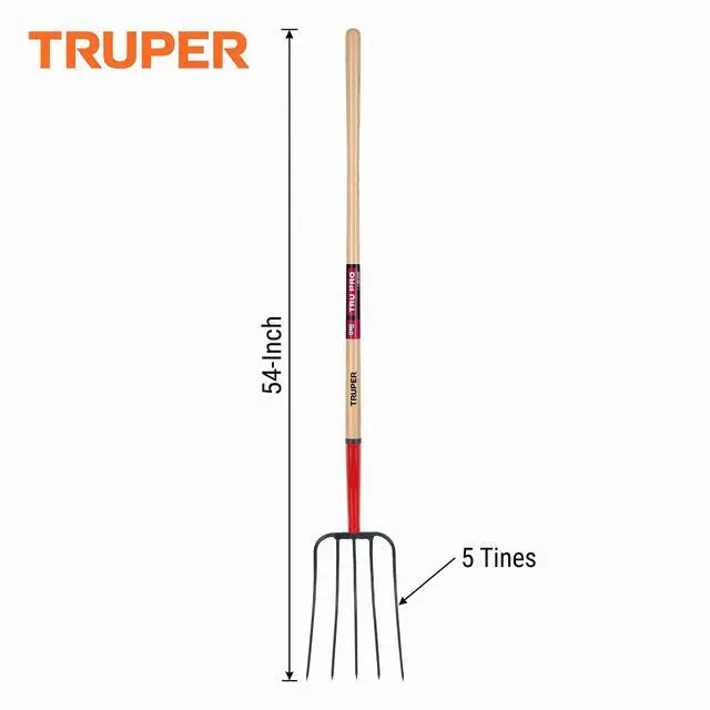 Alt view image 2 of 4 - Tru Pro 5-Tine Manure Fork, 54-Inch Premium White Ash Wood Handle, Forged Steel Head, Heavy-Duty Agricultural & Farm Tool (Model BPJ-5E / 30314)