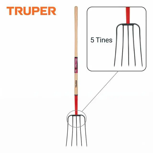 Alt view image 3 of 4 - Tru Pro 5-Tine Manure Fork, 54-Inch Premium White Ash Wood Handle, Forged Steel Head, Heavy-Duty Agricultural & Farm Tool (Model BPJ-5E / 30314)