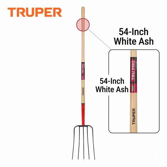 Alt view image 4 of 4 - Tru Pro 5-Tine Manure Fork, 54-Inch Premium White Ash Wood Handle, Forged Steel Head, Heavy-Duty Agricultural & Farm Tool (Model BPJ-5E / 30314)