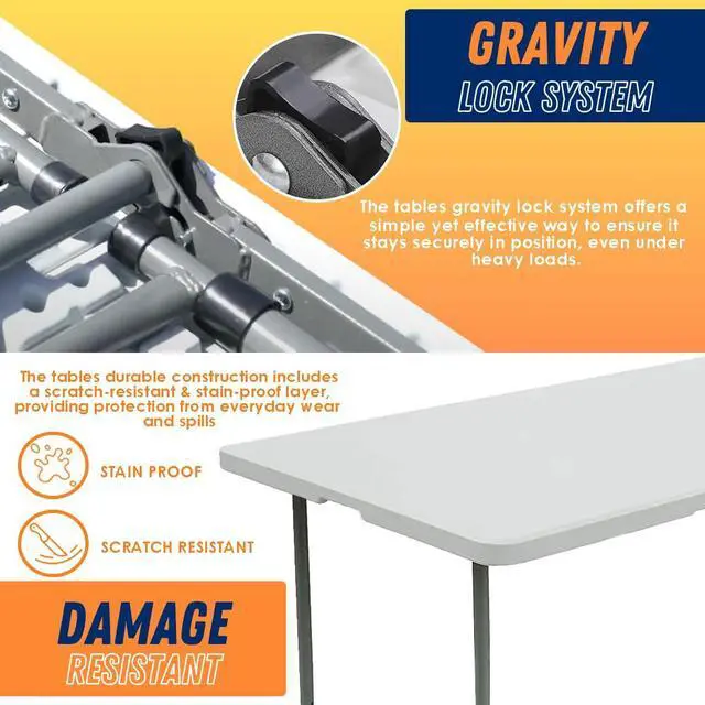 Alt view image 3 of 6 - Folding Table Indoor Outdoor Heavy Duty Portable Folding Plastic Dining Table w/Handle, Lock for Picnic, Party, Camping - White (4ft, 6ft, 8ft) (4ft)