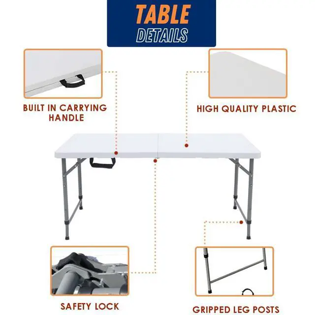 Alt view image 4 of 6 - Folding Table Indoor Outdoor Heavy Duty Portable Folding Plastic Dining Table w/Handle, Lock for Picnic, Party, Camping - White (4ft, 6ft, 8ft) (4ft)