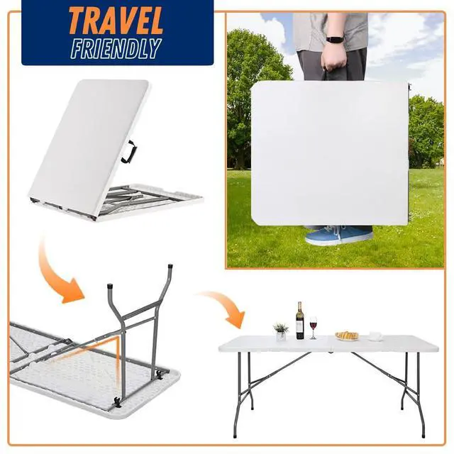 Alt view image 5 of 6 - Folding Table Indoor Outdoor Heavy Duty Portable Folding Plastic Dining Table w/Handle, Lock for Picnic, Party, Camping - White (4ft, 6ft, 8ft) (4ft)