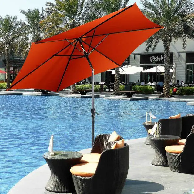 Alt view image 2 of 6 - 9ft Patio Umbrella Outdoor, Market Table Umbrella w/Push Button Tilt and Crank, 180G Polyester Fabric and Sturdy Ribs, Sun Canopy Umbrellas for Patio Garden Beach Deck Pool
