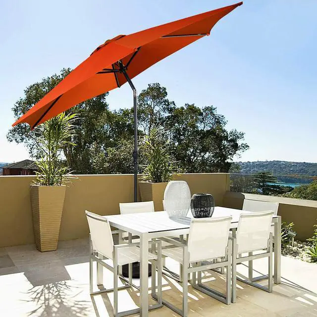Alt view image 3 of 6 - 9ft Patio Umbrella Outdoor, Market Table Umbrella w/Push Button Tilt and Crank, 180G Polyester Fabric and Sturdy Ribs, Sun Canopy Umbrellas for Patio Garden Beach Deck Pool