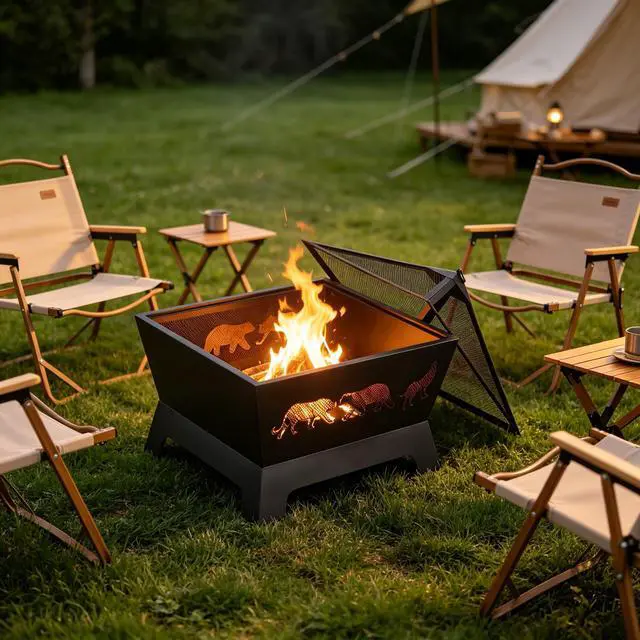 Alt view image 2 of 6 - 26 inch Fire Pits for Outside Square Firepit Wood Burning Fireplace Heavy Duty Steel Patio Firepit Bowl with Waterproof Cover and Poker for Camping Picnic Bonfire Backyard