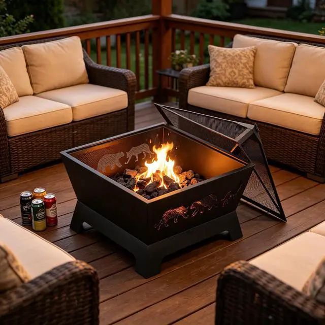 Alt view image 3 of 6 - 26 inch Fire Pits for Outside Square Firepit Wood Burning Fireplace Heavy Duty Steel Patio Firepit Bowl with Waterproof Cover and Poker for Camping Picnic Bonfire Backyard
