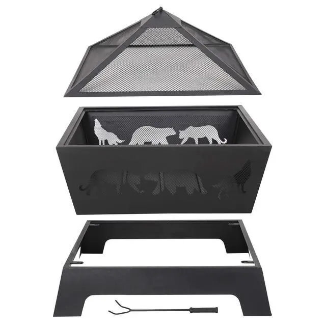 Alt view image 4 of 6 - 26 inch Fire Pits for Outside Square Firepit Wood Burning Fireplace Heavy Duty Steel Patio Firepit Bowl with Waterproof Cover and Poker for Camping Picnic Bonfire Backyard