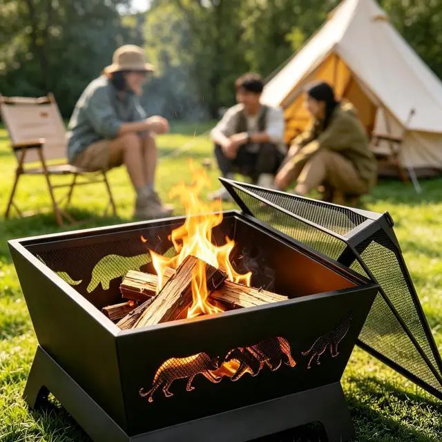 Alt view image 5 of 6 - 26 inch Fire Pits for Outside Square Firepit Wood Burning Fireplace Heavy Duty Steel Patio Firepit Bowl with Waterproof Cover and Poker for Camping Picnic Bonfire Backyard