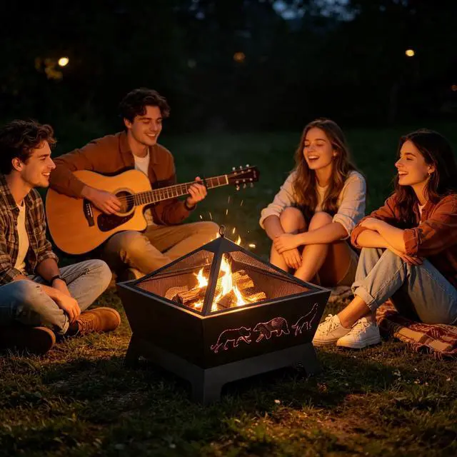 Alt view image 6 of 6 - 26 inch Fire Pits for Outside Square Firepit Wood Burning Fireplace Heavy Duty Steel Patio Firepit Bowl with Waterproof Cover and Poker for Camping Picnic Bonfire Backyard
