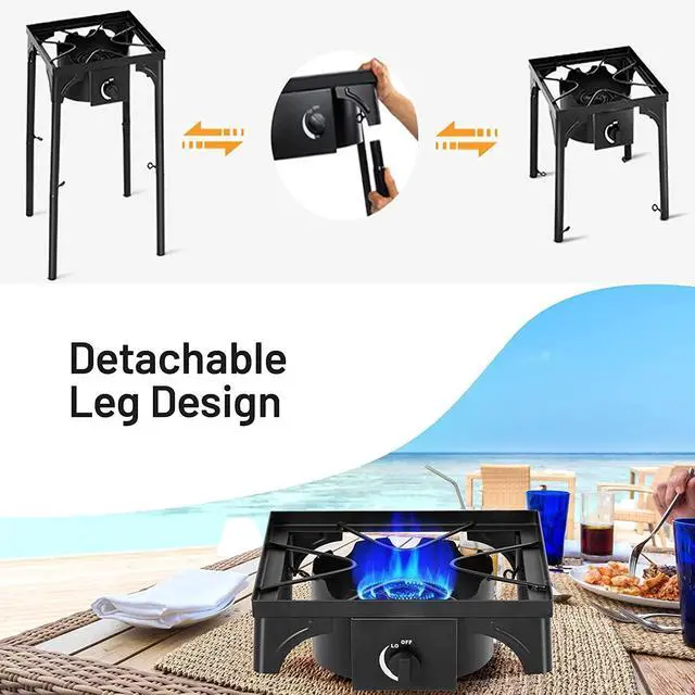 Alt view image 4 of 6 - Single Camping Stove Outdoor, High Pressure One Burner Propane Gas Camp Stove w/Detachable Legs, 100,000 BTU Output, 0-20 PSI Regulator, Portable Outdoor Burners for Cooking Camping