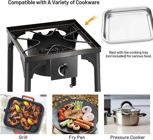 Alt view image 5 of 6 - Single Camping Stove Outdoor, High Pressure One Burner Propane Gas Camp Stove w/Detachable Legs, 100,000 BTU Output, 0-20 PSI Regulator, Portable Outdoor Burners for Cooking Camping