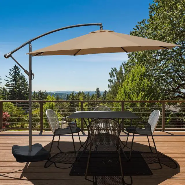 Alt view image 2 of 6 - 10 Ft Patio Offset Hanging Umbrella, Large Cantilever Market Umbrella with Base, Easy Tilt Adjustment and Polyester Shade for Lawn, Beach,Yard and Poolside, Brown