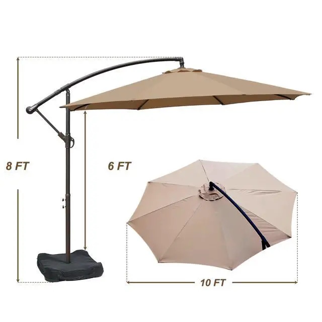 Alt view image 3 of 6 - 10 Ft Patio Offset Hanging Umbrella, Large Cantilever Market Umbrella with Base, Easy Tilt Adjustment and Polyester Shade for Lawn, Beach,Yard and Poolside, Brown