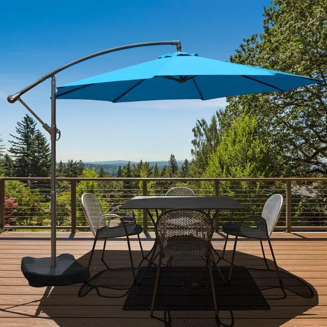 Alt view image 2 of 6 - 10 Ft Patio Offset Hanging Umbrella, Large Cantilever Market Umbrella with Base, Easy Tilt Adjustment and Polyester Shade for Lawn, Beach,Yard and Poolside, Blue