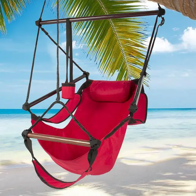 Alt view image 2 of 6 - Hammock Hanging Chair Air Deluxe Outdoor Chair Solid Wood 250lb Red