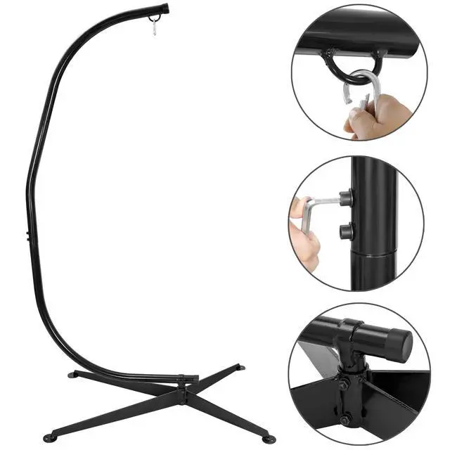 Alt view image 4 of 6 - Metal Hanging Chair Stand, Heavy Duty Hammock Swing C Stand Frame, Solid Steel 331LBS Capacity Weather Resistant for Indoor Outdoor, 360 Degree Rotation, Black