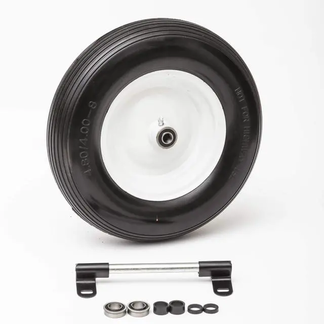 Main image of Flat Free Universal Wheelbarrow Replacement Tire | Complete Wheel Assembly | White Rim and Ribbed Tread | 16" Wheel | Adapter Kit Included