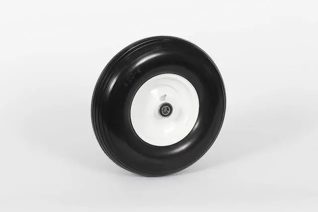 Alt view image 2 of 3 - Flat Free Universal Wheelbarrow Replacement Tire | Complete Wheel Assembly | White Rim and Ribbed Tread | 13" Wheel | Adapter Kit Included