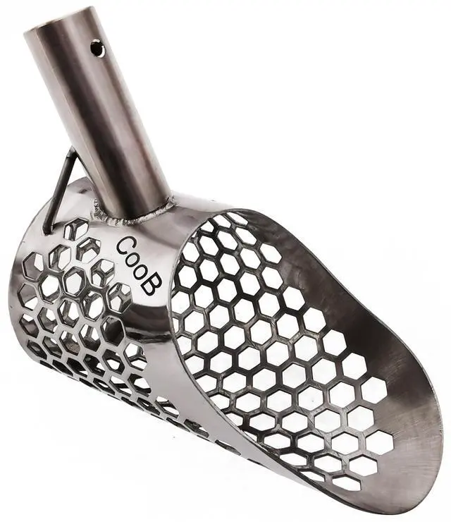 Main image of Small Lightweight Beach Sand Scoop Metal Detector Tool Scout V1 | Metal Detecting Hunting Tool, Hehaxedron 10mm Holes. Stainless Steel 1.5mm. Powered by