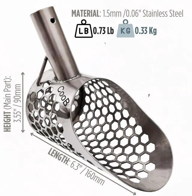 Alt view image 2 of 6 - Small Lightweight Beach Sand Scoop Metal Detector Tool Scout V1 | Metal Detecting Hunting Tool, Hehaxedron 10mm Holes. Stainless Steel 1.5mm. Powered by