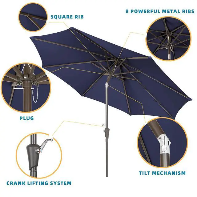 Alt view image 3 of 6 - 9 Ft Patio Umbrella Outdoor Table Market Umbrellas With Push Button Tilt&Crank Lift,8 Ribs(Navy blue)