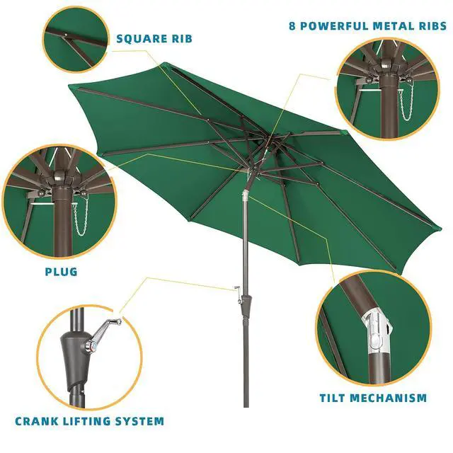 Alt view image 4 of 6 - 9 Ft Patio Umbrella Outdoor Table Market Umbrellas With Push Button Tilt&Crank Lift for Garden, Deck, Backyard and Pool,8 Ribs(9 FT,Green)