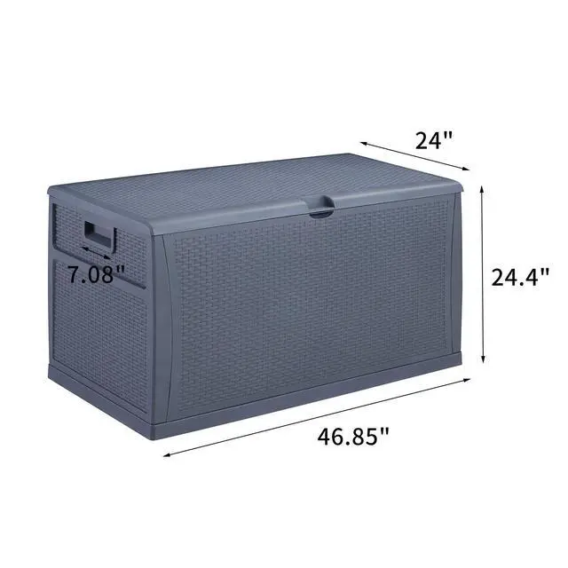 Alt view image 3 of 6 - Plastic Deck Box Wicker 120 Gallon, Gray - Water-resistant Storage Container Outdoor Patio Garden Furniture