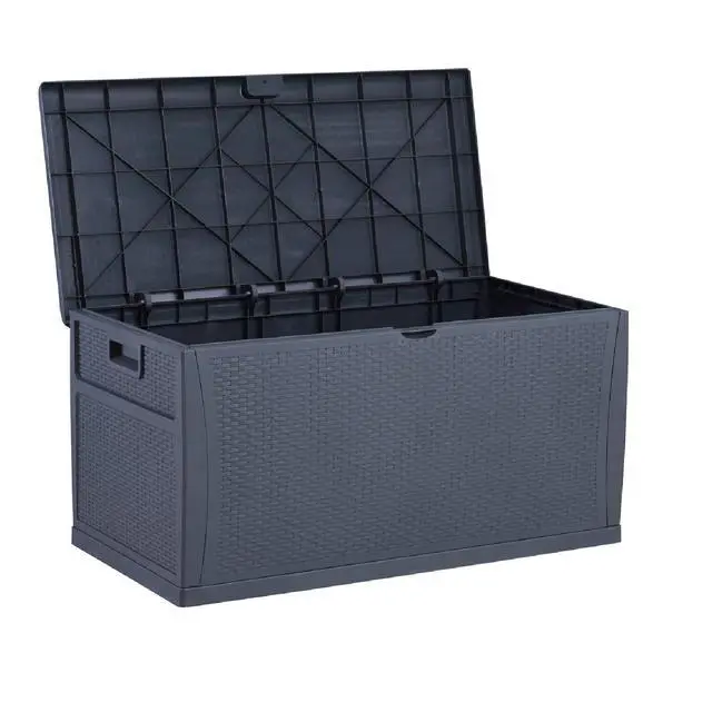 Alt view image 4 of 6 - Plastic Deck Box Wicker 120 Gallon, Gray - Water-resistant Storage Container Outdoor Patio Garden Furniture
