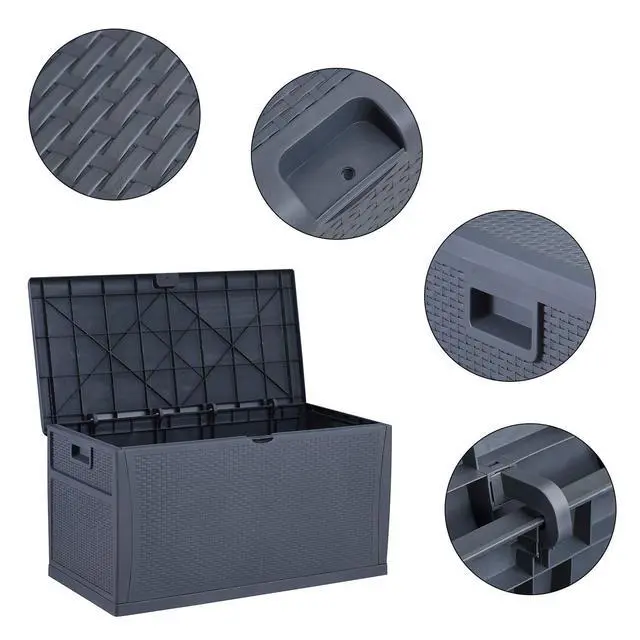 Alt view image 5 of 6 - Plastic Deck Box Wicker 120 Gallon, Gray - Water-resistant Storage Container Outdoor Patio Garden Furniture