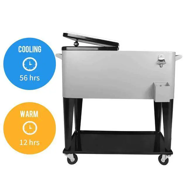 Alt view image 2 of 6 - Rolling Cooler Cart Ice Chest for Outdoor Patio Deck Party Portable Bar Cold Drink Beverage Cart, Backyard Cooler Trolley on Wheels with Shelf,80 Quart Cooling Bins, Bottle Opener