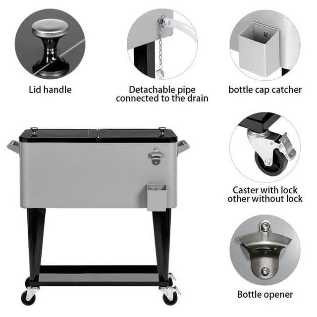 Alt view image 3 of 6 - Rolling Cooler Cart Ice Chest for Outdoor Patio Deck Party Portable Bar Cold Drink Beverage Cart, Backyard Cooler Trolley on Wheels with Shelf,80 Quart Cooling Bins, Bottle Opener