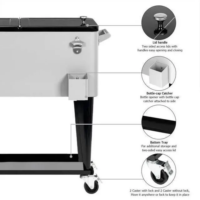 Alt view image 4 of 6 - Rolling Cooler Cart Ice Chest for Outdoor Patio Deck Party Portable Bar Cold Drink Beverage Cart, Backyard Cooler Trolley on Wheels with Shelf,80 Quart Cooling Bins, Bottle Opener