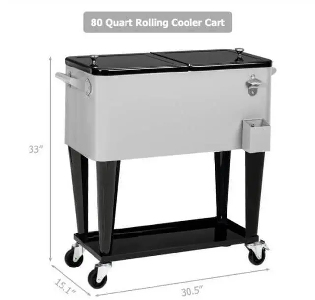 Alt view image 5 of 6 - Rolling Cooler Cart Ice Chest for Outdoor Patio Deck Party Portable Bar Cold Drink Beverage Cart, Backyard Cooler Trolley on Wheels with Shelf,80 Quart Cooling Bins, Bottle Opener