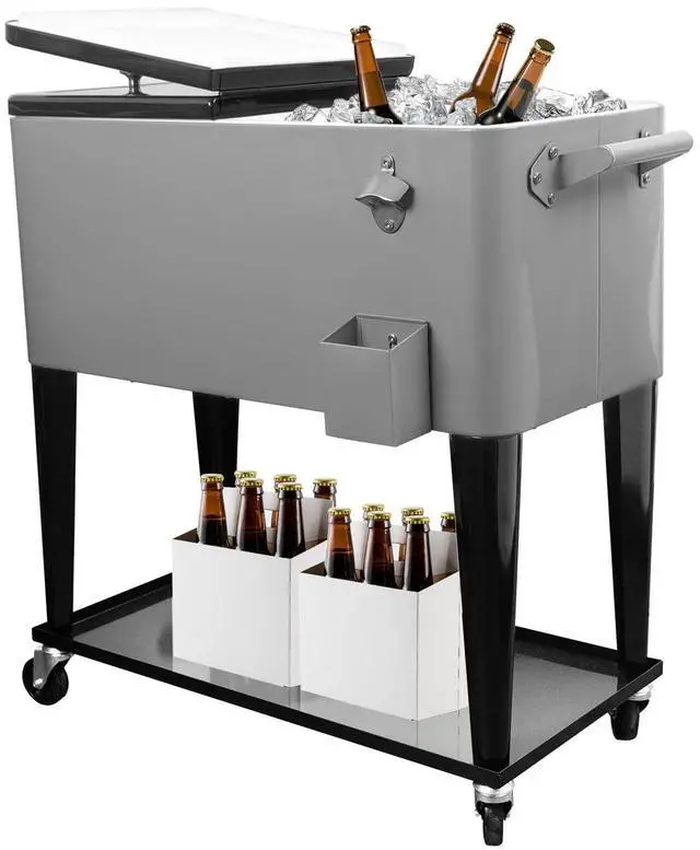 Alt view image 6 of 6 - Rolling Cooler Cart Ice Chest for Outdoor Patio Deck Party Portable Bar Cold Drink Beverage Cart, Backyard Cooler Trolley on Wheels with Shelf,80 Quart Cooling Bins, Bottle Opener
