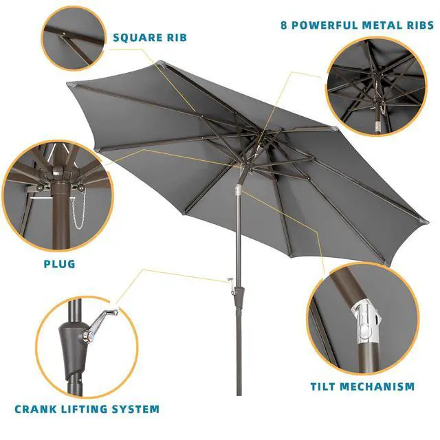 Alt view image 3 of 6 - 9 Ft Patio Umbrella Outdoor Market Patio Umbrellas With Steel Pole, Push Button Tilt, Easy Crank Lift (9 FT, Cooling gray)