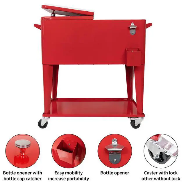 Alt view image 2 of 6 - Rolling Cooler Cart Ice Chest for Outdoor Patio Deck Party Portable Bar Cold Drink Beverage Cart, Backyard Cooler Trolley on Wheels with Shelf,80 Quart Cooling Bins, Bottle Opener