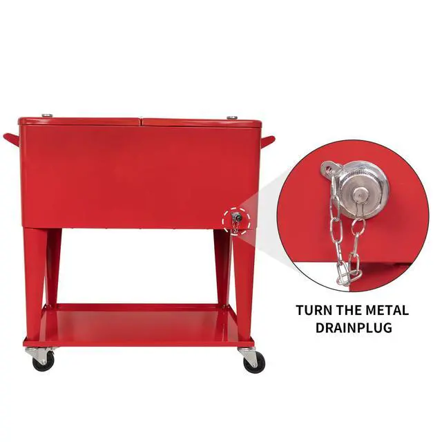 Alt view image 3 of 6 - Rolling Cooler Cart Ice Chest for Outdoor Patio Deck Party Portable Bar Cold Drink Beverage Cart, Backyard Cooler Trolley on Wheels with Shelf,80 Quart Cooling Bins, Bottle Opener