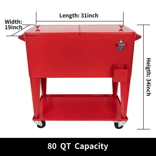 Alt view image 4 of 6 - Rolling Cooler Cart Ice Chest for Outdoor Patio Deck Party Portable Bar Cold Drink Beverage Cart, Backyard Cooler Trolley on Wheels with Shelf,80 Quart Cooling Bins, Bottle Opener