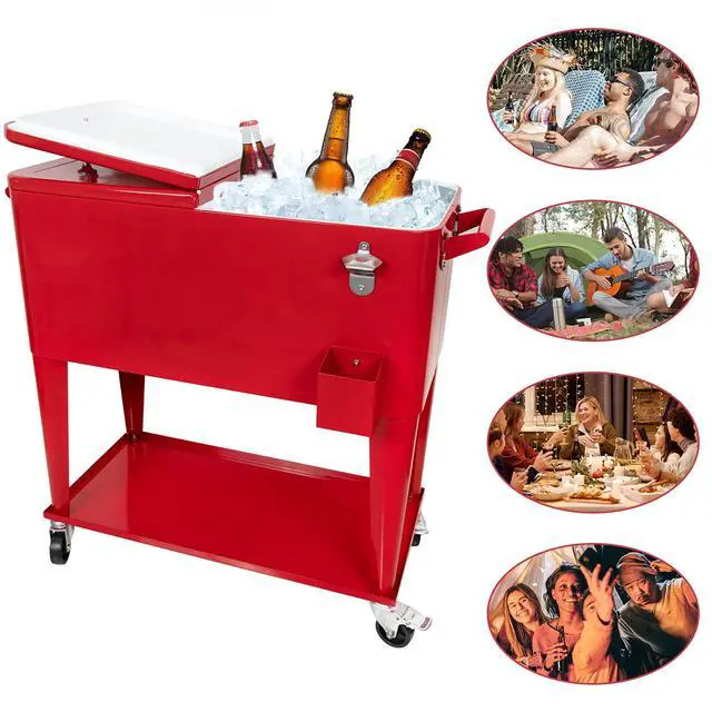 Alt view image 5 of 6 - Rolling Cooler Cart Ice Chest for Outdoor Patio Deck Party Portable Bar Cold Drink Beverage Cart, Backyard Cooler Trolley on Wheels with Shelf,80 Quart Cooling Bins, Bottle Opener