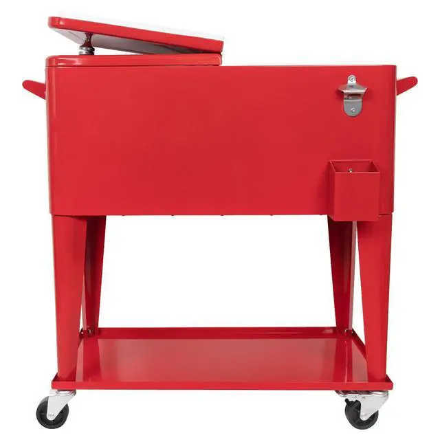 Alt view image 6 of 6 - Rolling Cooler Cart Ice Chest for Outdoor Patio Deck Party Portable Bar Cold Drink Beverage Cart, Backyard Cooler Trolley on Wheels with Shelf,80 Quart Cooling Bins, Bottle Opener