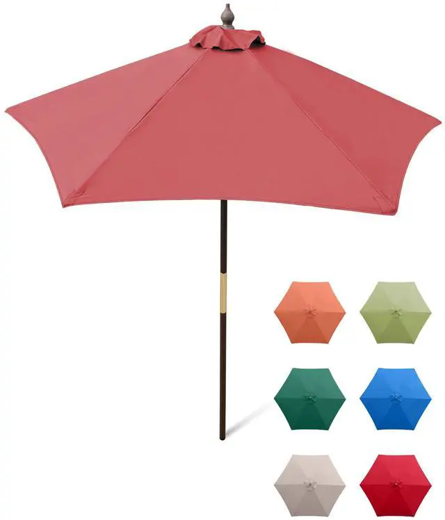 Main image of 7 ft Brick Red Wood Outdoor Patio Umbrella Market Style - Tilt Mechanism Eucalyptus Teak Oil Finish