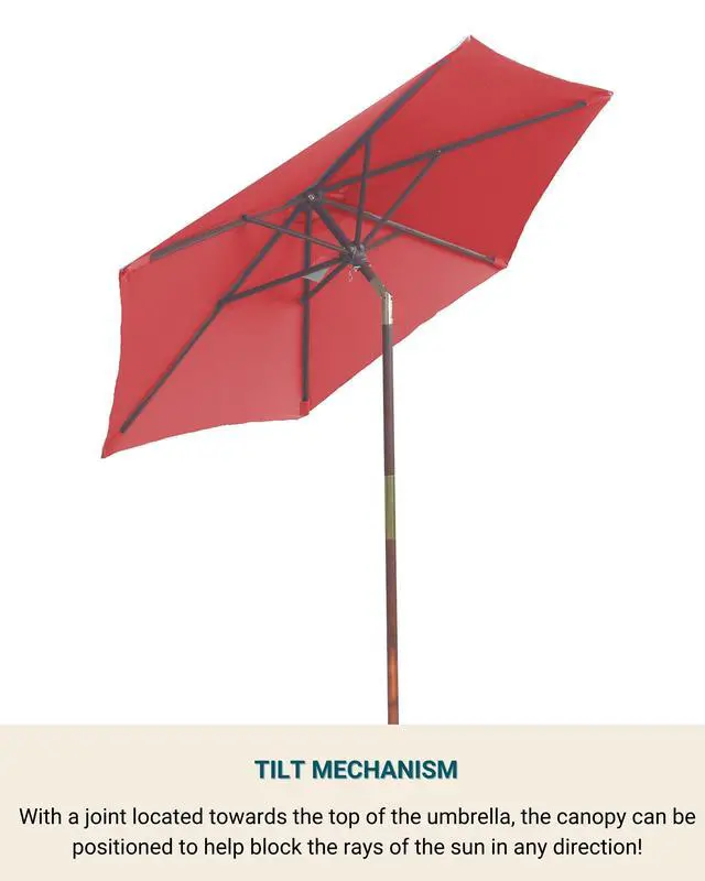 Alt view image 2 of 6 - 7 ft Brick Red Wood Outdoor Patio Umbrella Market Style - Tilt Mechanism Eucalyptus Teak Oil Finish
