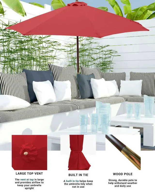 Alt view image 5 of 6 - 7 ft Brick Red Wood Outdoor Patio Umbrella Market Style - Tilt Mechanism Eucalyptus Teak Oil Finish