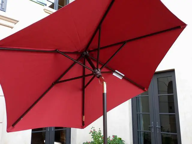 Alt view image 6 of 6 - 7 ft Brick Red Wood Outdoor Patio Umbrella Market Style - Tilt Mechanism Eucalyptus Teak Oil Finish