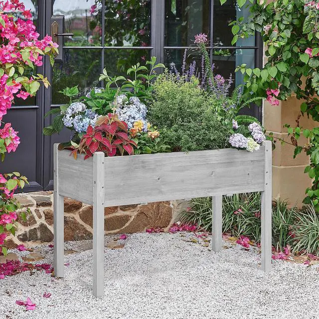 Alt view image 3 of 6 - Elevated Planter Bed Outdoor, Wooden Raised Garden Bed, Rectangle Raised Bed with Stable Structure Wooden Garden Box Standing Planter for Garden/Patio/Backyard/Outdoor