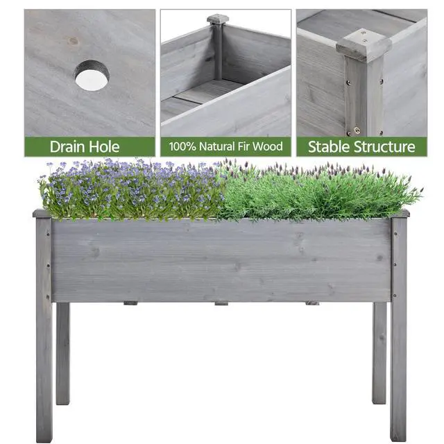 Alt view image 4 of 6 - Elevated Planter Bed Outdoor, Wooden Raised Garden Bed, Rectangle Raised Bed with Stable Structure Wooden Garden Box Standing Planter for Garden/Patio/Backyard/Outdoor
