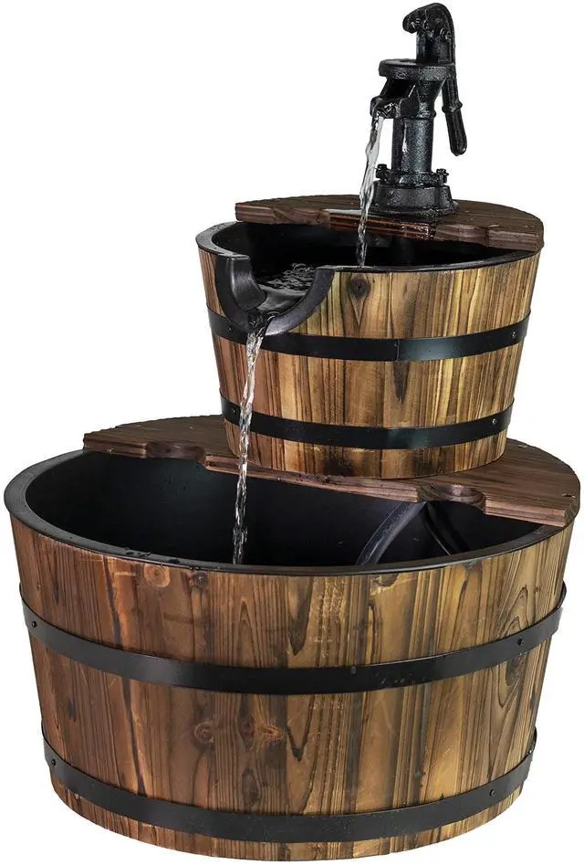Main image of 2-Tier Rustic Outdoor Fountain 18" W, Garden Decor Water Fountain with Submersible Electric Pump and Cast Iron Hand Pump Accessory for Patio, Garden, Yard