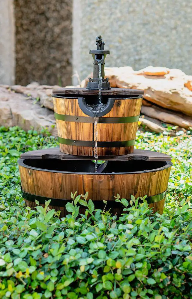Alt view image 2 of 6 - 2-Tier Rustic Outdoor Fountain 18" W, Garden Decor Water Fountain with Submersible Electric Pump and Cast Iron Hand Pump Accessory for Patio, Garden, Yard