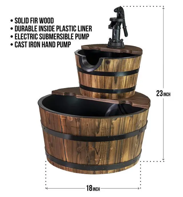 Alt view image 3 of 6 - 2-Tier Rustic Outdoor Fountain 18" W, Garden Decor Water Fountain with Submersible Electric Pump and Cast Iron Hand Pump Accessory for Patio, Garden, Yard