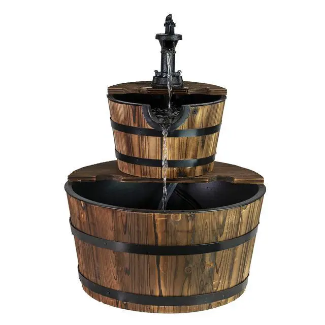 Alt view image 4 of 6 - 2-Tier Rustic Outdoor Fountain 18" W, Garden Decor Water Fountain with Submersible Electric Pump and Cast Iron Hand Pump Accessory for Patio, Garden, Yard